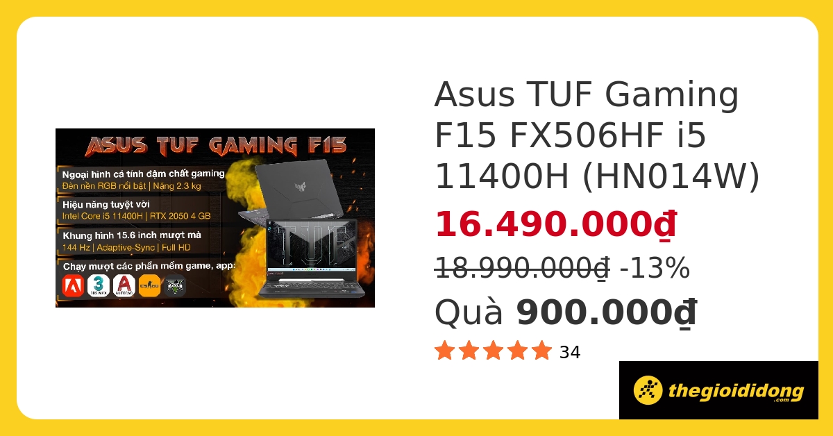 Laptop Asus TUF Gaming F15 FX506HF i5 11400H/8GB/512GB/4GB RTX2050/144Hz/Win11 (HN014W) hover