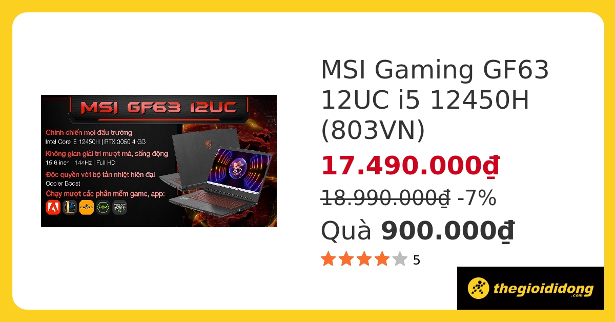 Laptop MSI Gaming GF63 12UC i5 12450H/8GB/512GB/4GB RTX3050/144Hz/Win11 (803VN) hover