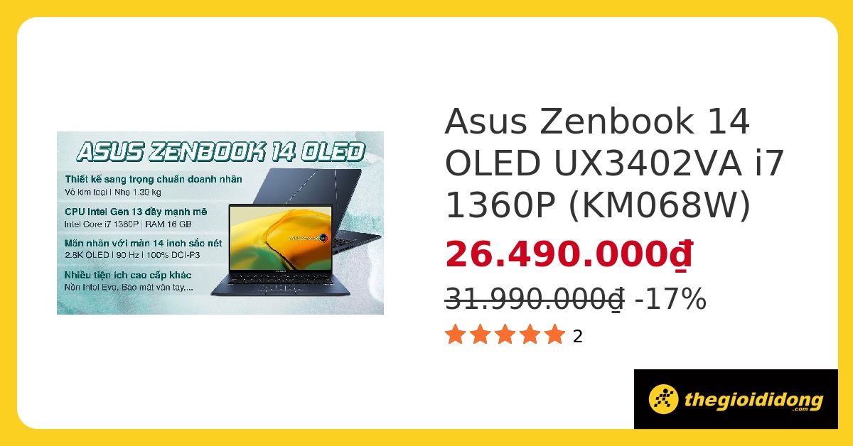 Laptop Asus Zenbook 14 OLED UX3402VA i7 1360P/16GB/512GB/Cáp/Túi/Win11 (KM068W) hover