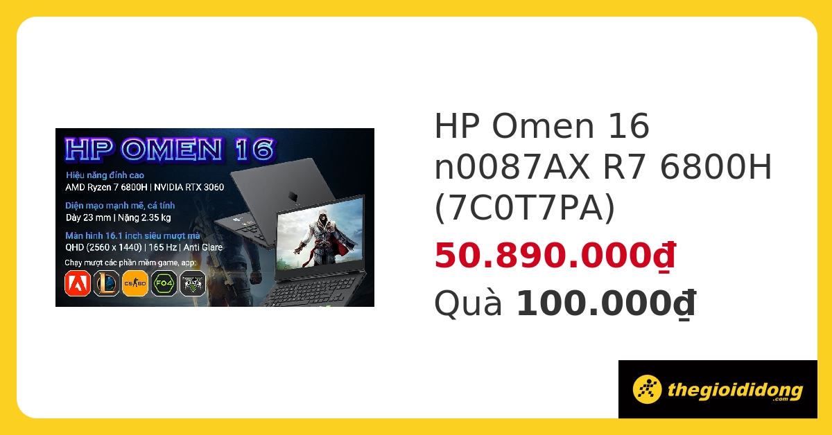 Laptop HP Omen 16 n0087AX R7 6800H/16GB/1TB SSD/6GB RTX3060/165Hz/Win11 (7C0T7PA) hover