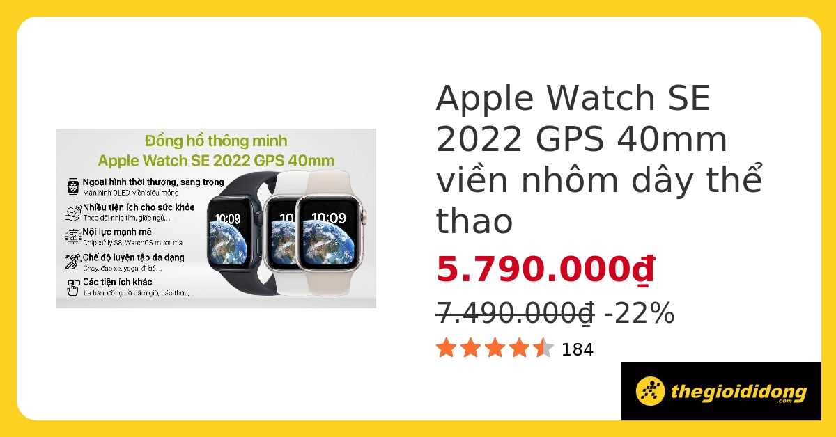Apple Watch SE 2022 40mm chính hãng, giá tốt, góp 0%