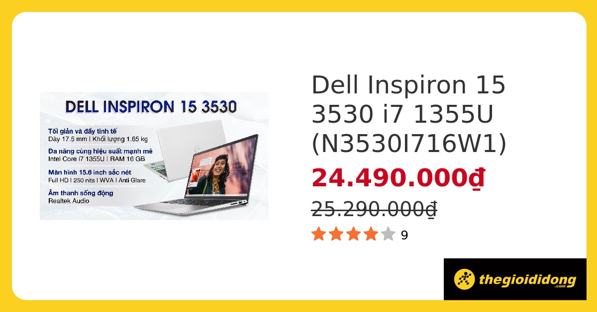 Laptop Dell Inspiron 15 3530 i7 1355U/16GB/512GB/2GB MX550/OfficeHS/Win11 (N3530I716W1) hover