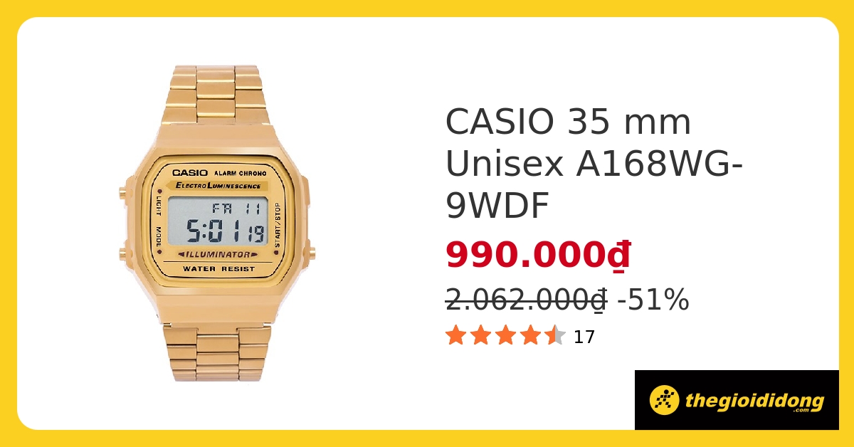 Đồng Hồ Nam/Nữ Casio A168Wg-9Wdf, Chính Hãng, Giá Rẻ, Mẫu Mã Mới