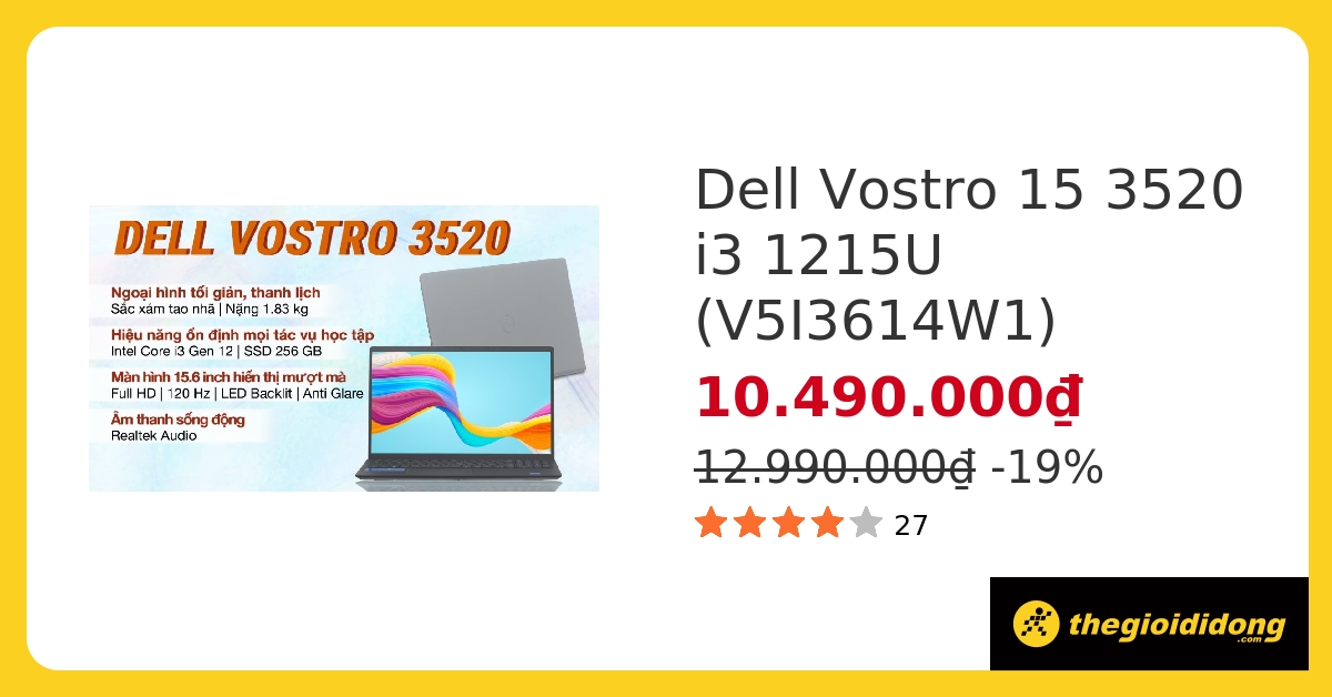 Laptop Dell Vostro 3520 i3 1215U/8GB/256GB/OfficeHS/Win11 (V5I3614W1) hover