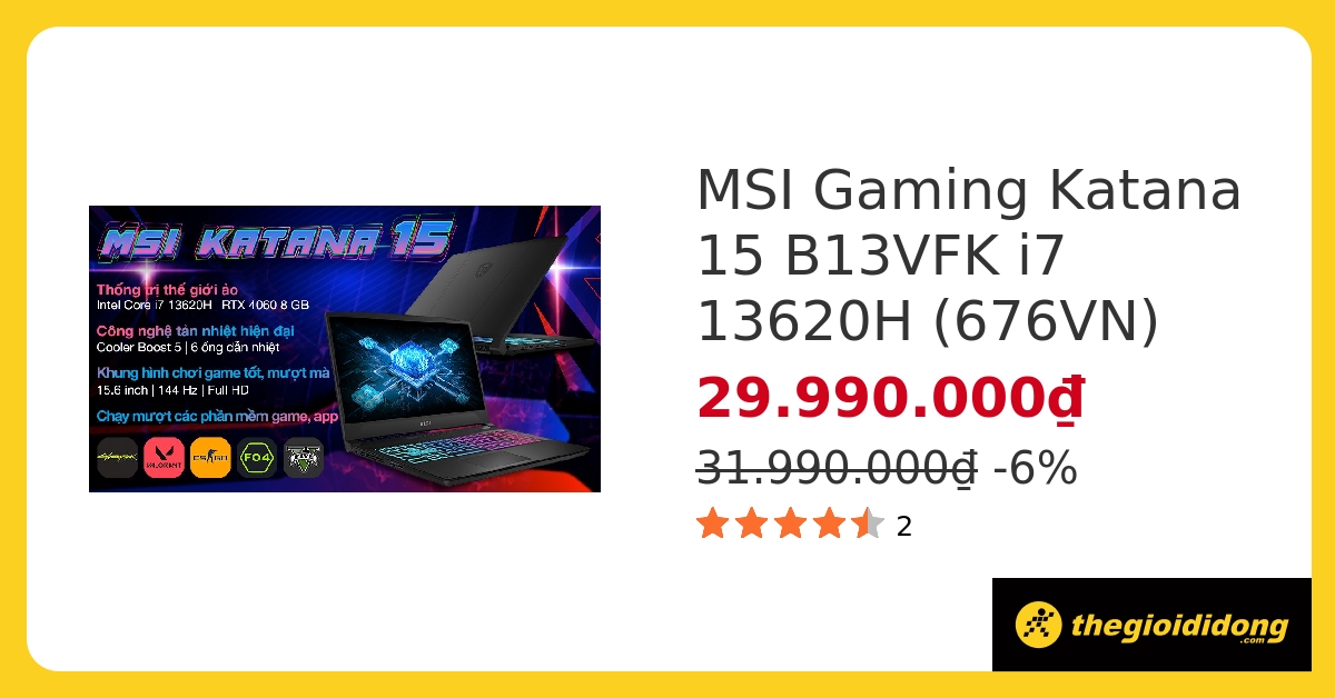 Laptop MSI Gaming Katana 15 B13VFK i7 13620H/16GB/1TB/8GB RTX4060/144Hz/Balo/Win11 (676VN) hover