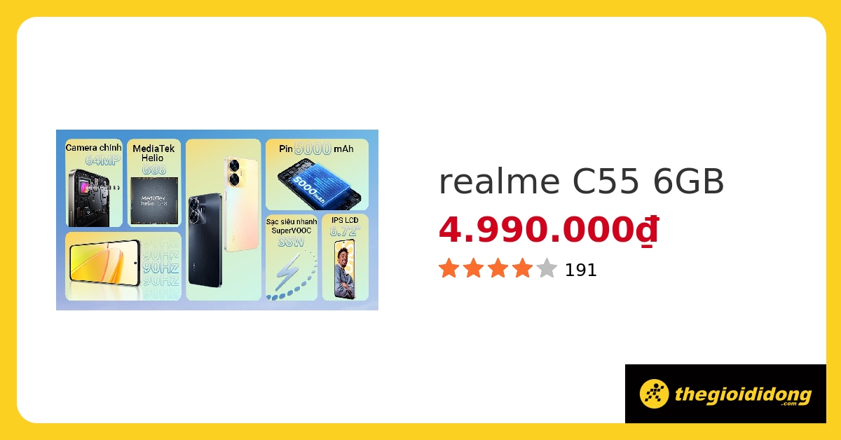 realme C55 giá rẻ nhất, Pin 5000, Màn hình 6.72