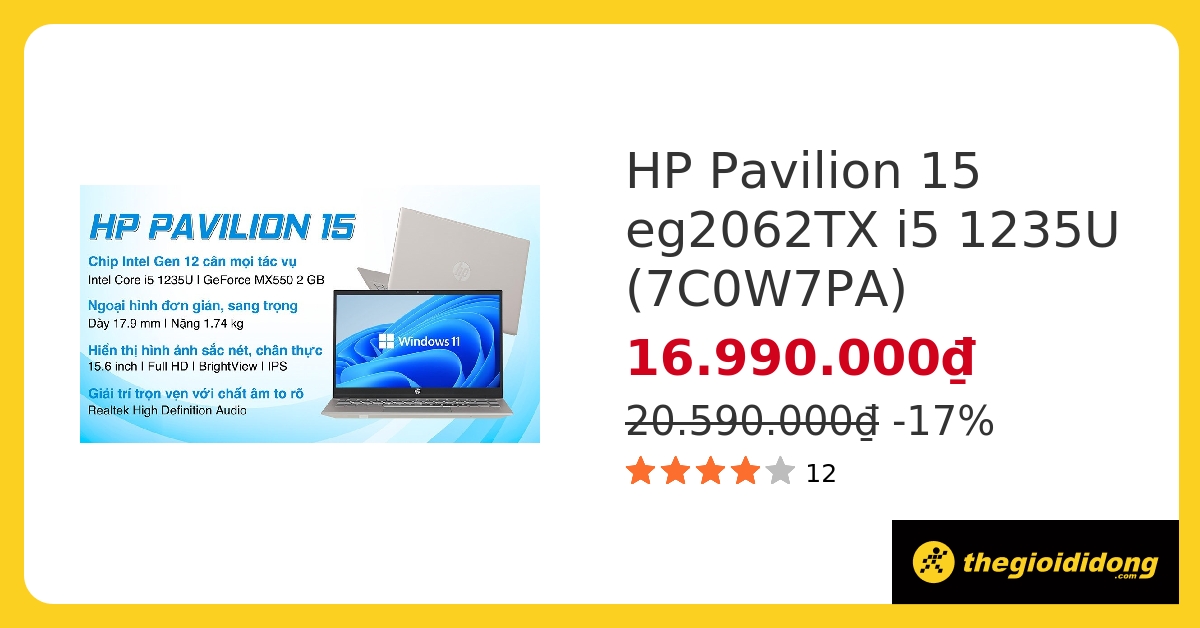 Laptop HP Pavilion 15 eg2062TX i5 1235U/8GB/512GB/2GB MX550/Win11 (7C0W7PA) hover