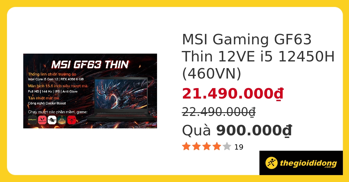 Laptop MSI Gaming GF63 Thin 12VE i5 12450H/8GB/512GB/6GB RTX4050/144Hz/Win11 (460VN) hover