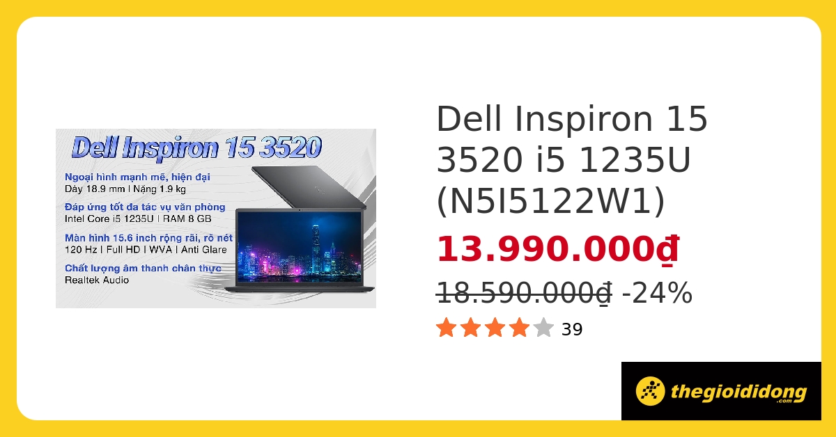 Laptop Dell Inspiron 15 3520 i5 1235U/8GB/256GB/120Hz/OfficeHS/Win11 (N5I5122W1) hover