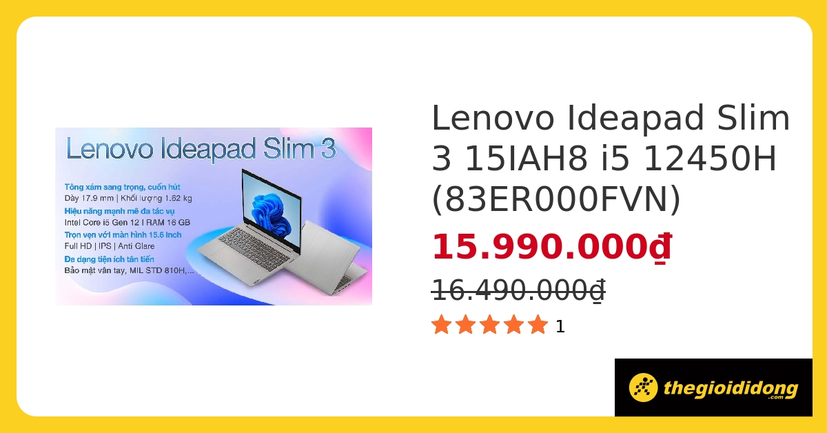 Laptop Lenovo Ideapad Slim 3 15IAH8 i5 12450H/16GB/1TB/Win11 (83ER000FVN) hover