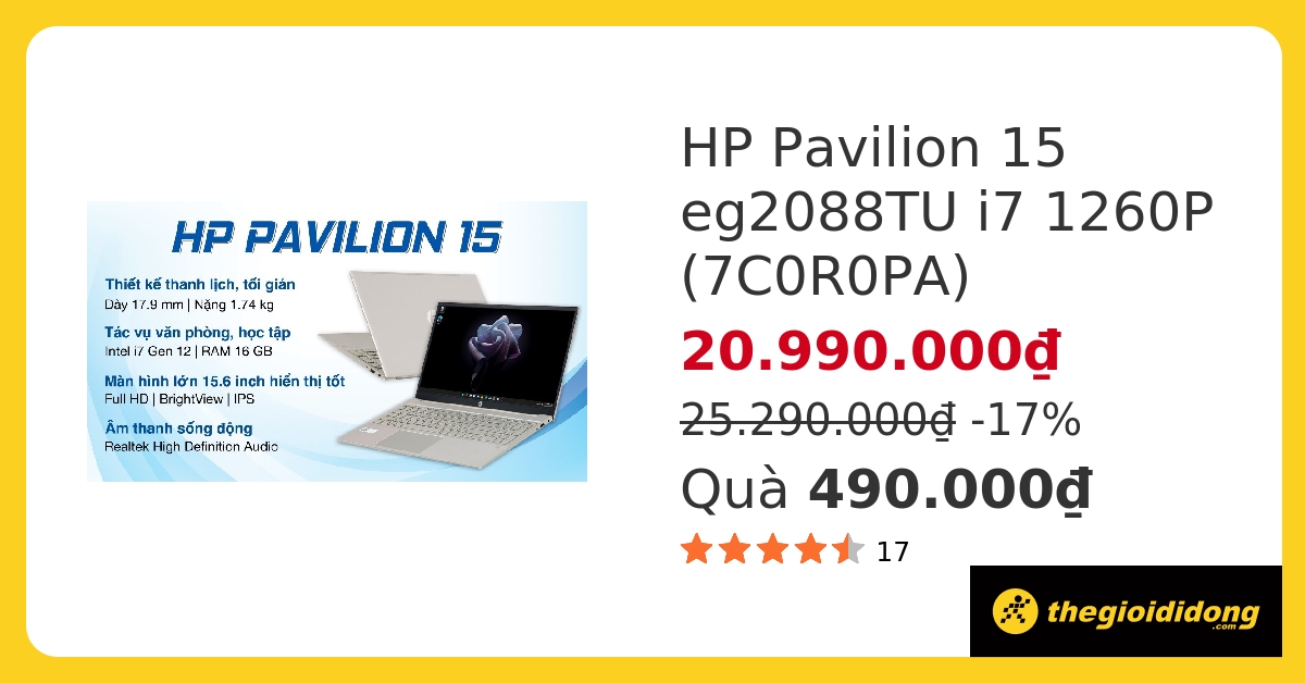 Laptop HP Pavilion 15 eg2088TU i7 1260P/16GB/512GB/Win11 (7C0R0PA) hover