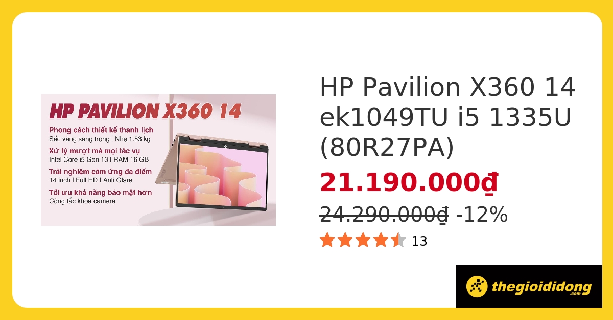 Laptop HP Pavilion X360 14 ek1049TU i5 1335U/16GB/512GB/Touch/Pen/Win11 (80R27PA) hover