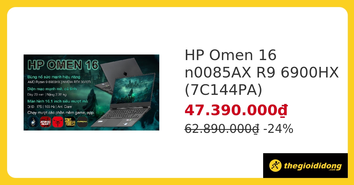 Laptop HP Omen 16 n0085AX R9 6900HX/32GB/1TB SSD/8GB RTX3070Ti/165Hz/Win11 (7C144PA) hover