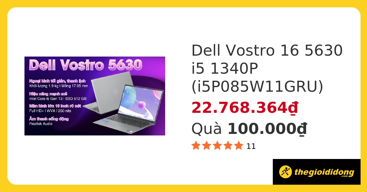 Laptop Dell Vostro 5630 i5 1340P/8GB/512GB/OfficeHS/Win11 (i5P085W11GRU) hover