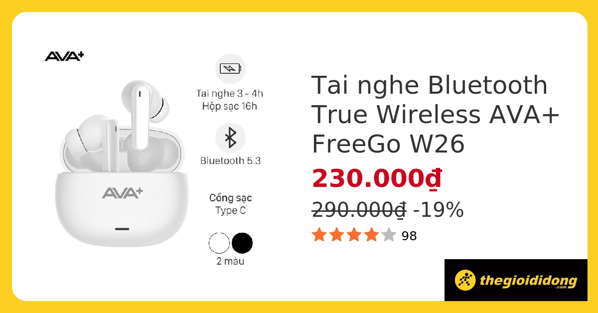 Tai nghe Bluetooth True Wireless AVA+ FreeGo W26 hover