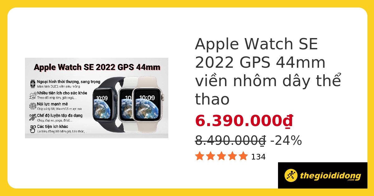 Đồng hồ Apple Watch SE 2022 44mm viền nhôm dây silicone chính hãng