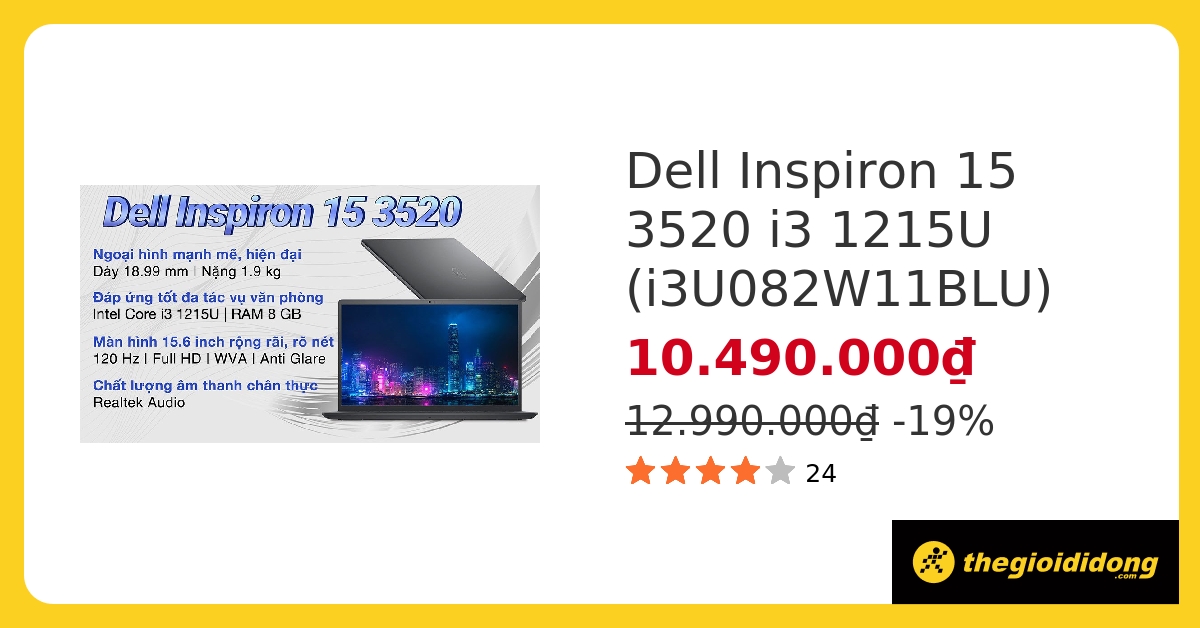 Laptop Dell Inspiron 15 3520 i3 1215U/8GB/256GB/OfficeHS/Win11 (i3U082W11BLU) hover