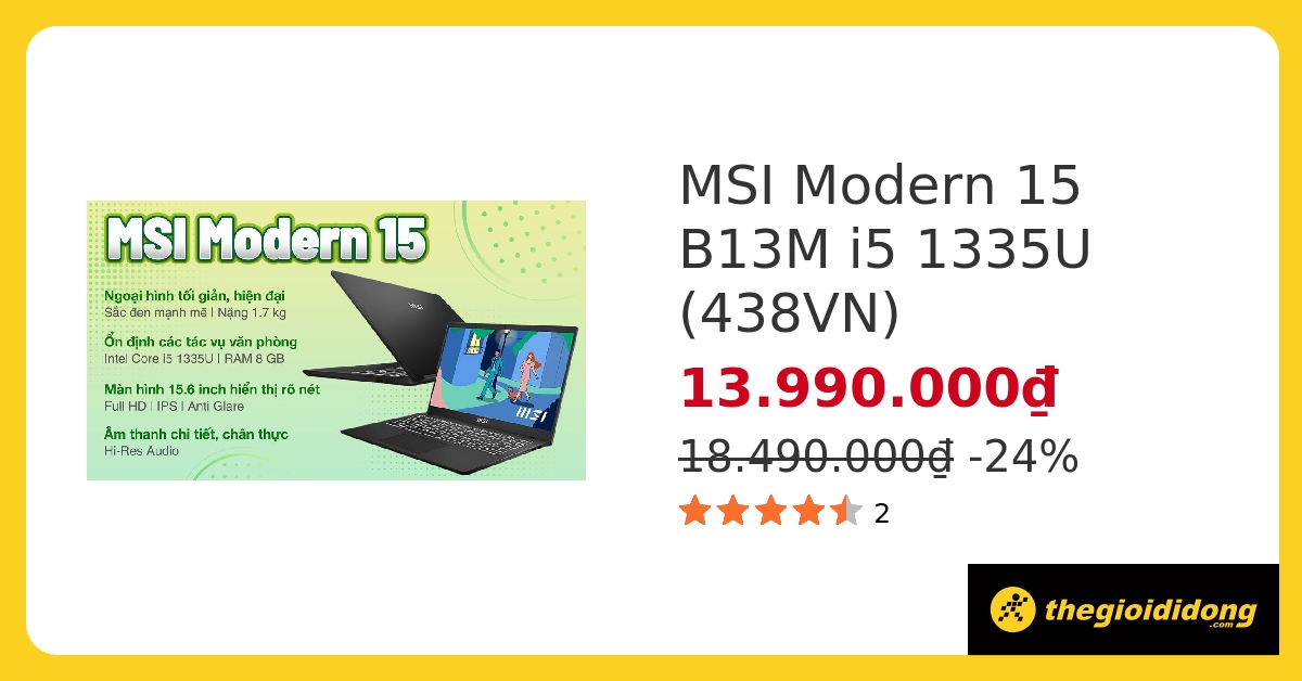 Laptop MSI Modern 15 B13M i5 1335U/8GB/512GB/Win11 (438VN) hover