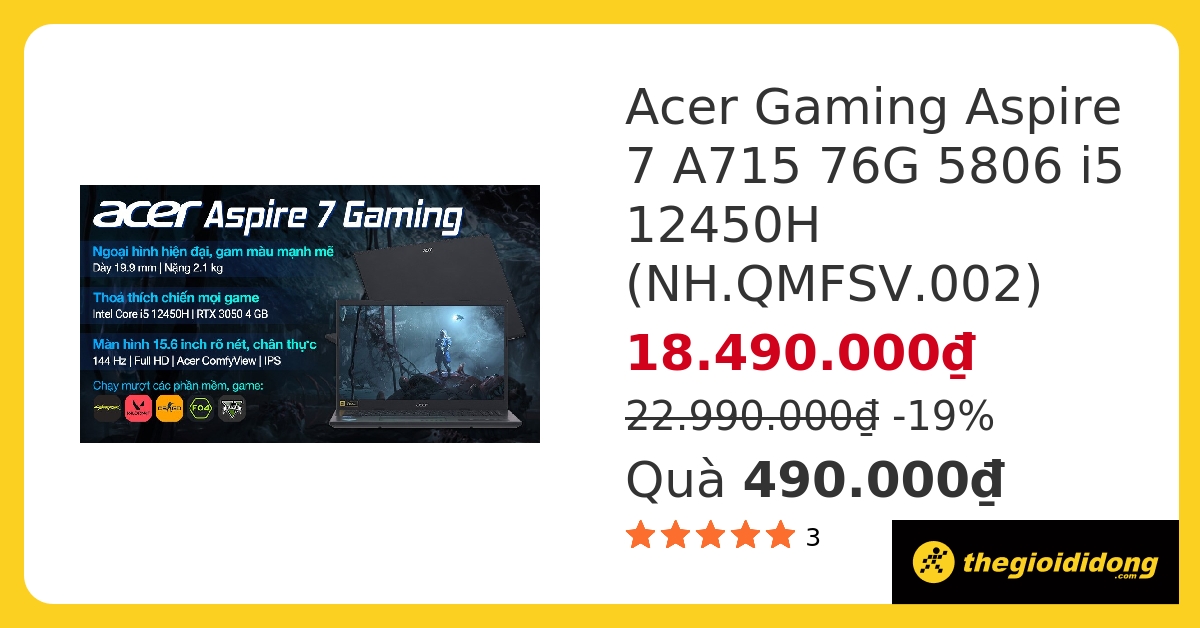 Laptop Acer Aspire 7 Gaming A715 76G 5806 i5 12450H/16GB/512GB/4GB RTX3050/144Hz/Win11 (NH.QMFSV.002) hover