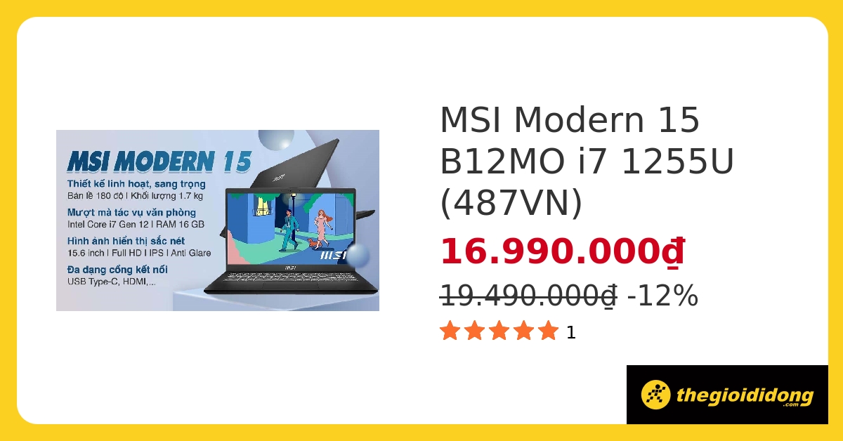 Laptop MSI Modern 15 B12MO i7 1255U/16GB/512GB/Win11 (487VN) hover