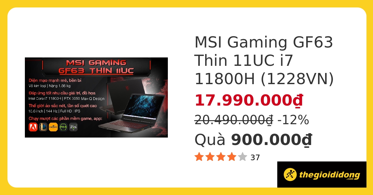 Laptop MSI Gaming GF63 Thin 11UC i7 11800H/8GB/512GB/4GB RTX3050/144Hz/Win11 (1228VN) hover