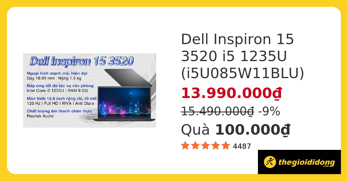 Laptop Dell Inspiron 15 3520 i5 1235U/8GB/512GB/120Hz/OfficeHS/Win11 (i5U085W11BLU) hover