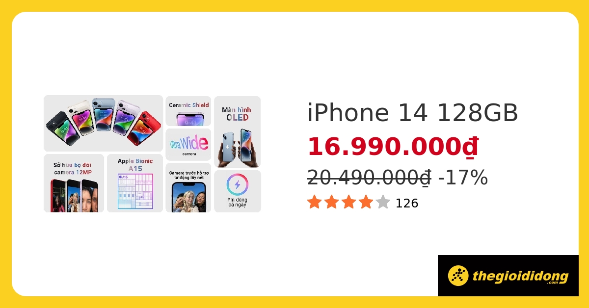 iPhone 14 giá rẻ nhất, Pin 3279, Màn hình 6.1