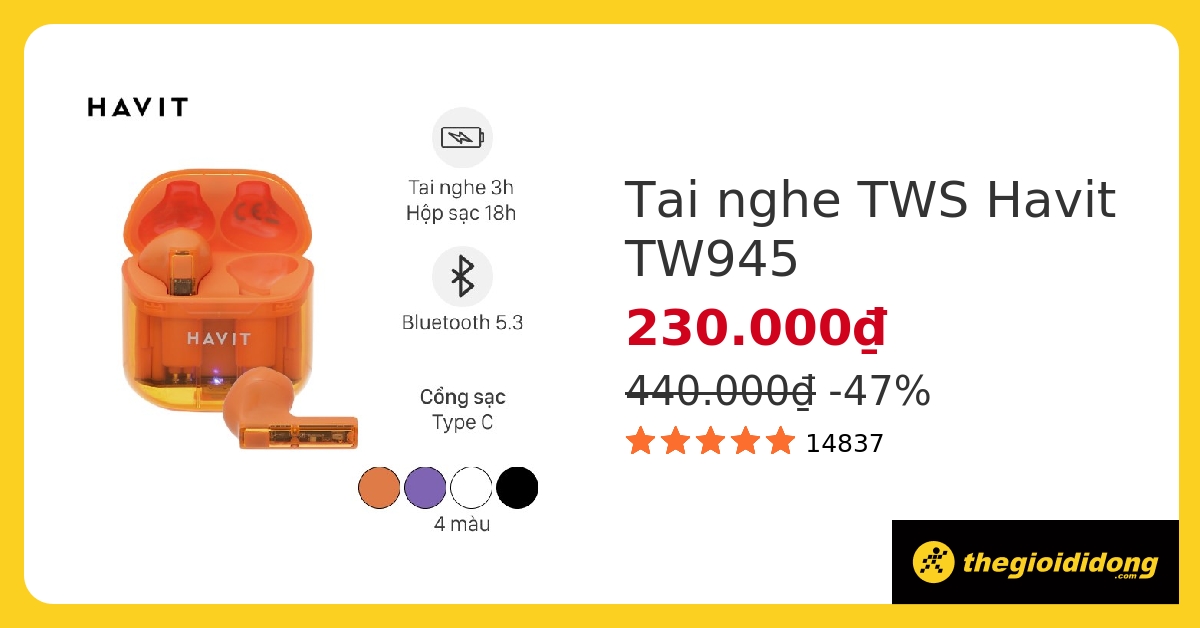 Tai nghe Bluetooth True Wireless HAVIT TW945 hover