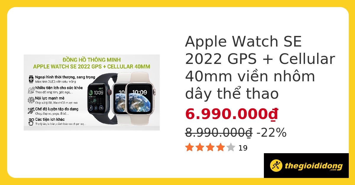 Apple Watch SE 2022 LTE 40mm chính hãng, giá tốt, góp 0%