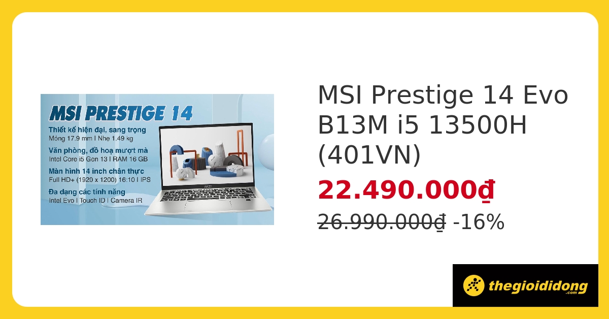 Laptop MSI Prestige 14 Evo B13M i5 13500H/16GB/512GB/Balo/Win11 (401VN) hover