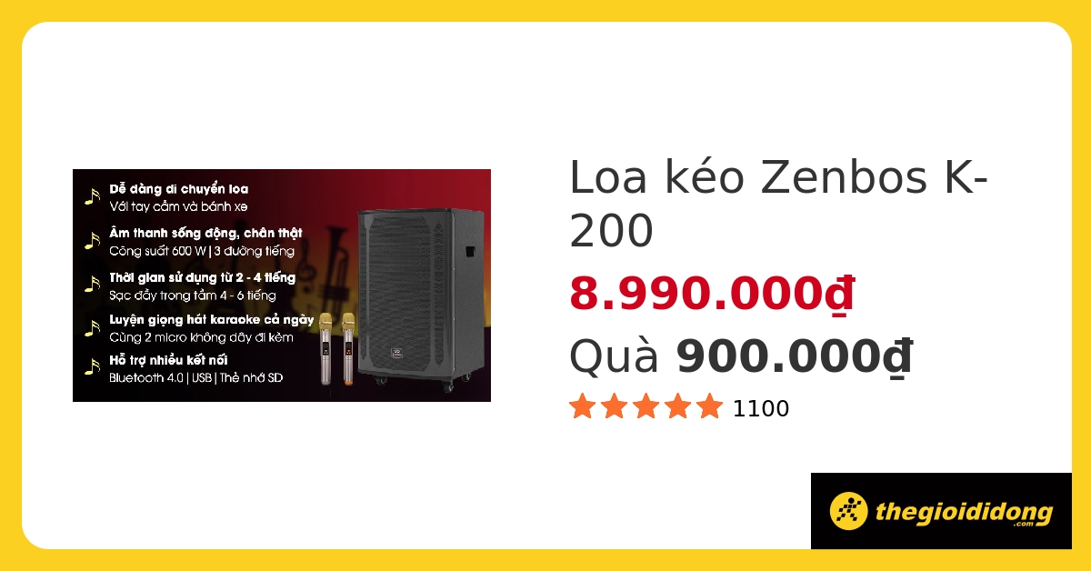 Loa kéo karaoke Zenbos K-200 600W hover