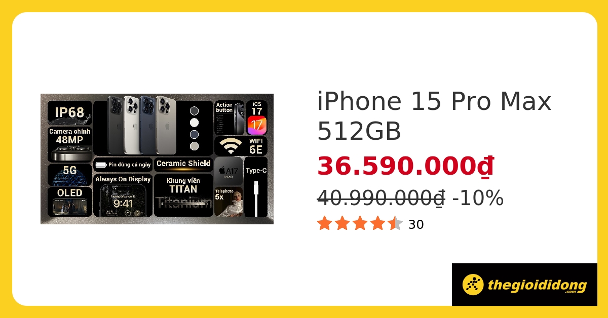 iPhone 15 Pro Max 512GB mỗi ngày giảm giá tốt, góp 0%