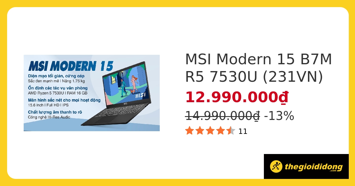Laptop MSI Modern 15 B7M R5 7530U/16GB/512GB/Win11 (231VN) hover