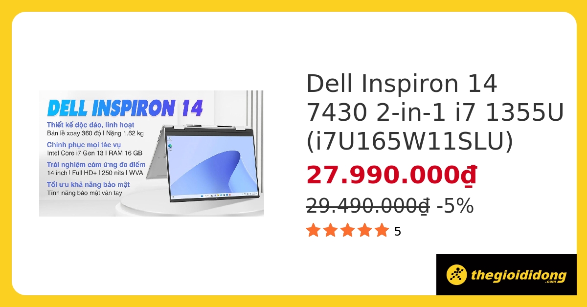 Laptop Dell Inspiron 14 7430 2-in-1 i7 1355U/16GB/512GB/Touch/Pen/OfficeHS/Win11 (i7U165W11SLU) hover