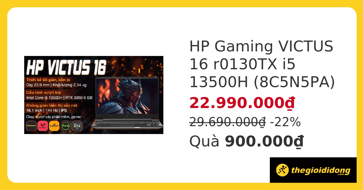 Laptop HP Gaming VICTUS 16 r0130TX i5 13500H/16GB/512GB/144Hz/6GB RTX3050/Win11 (8C5N5PA) hover