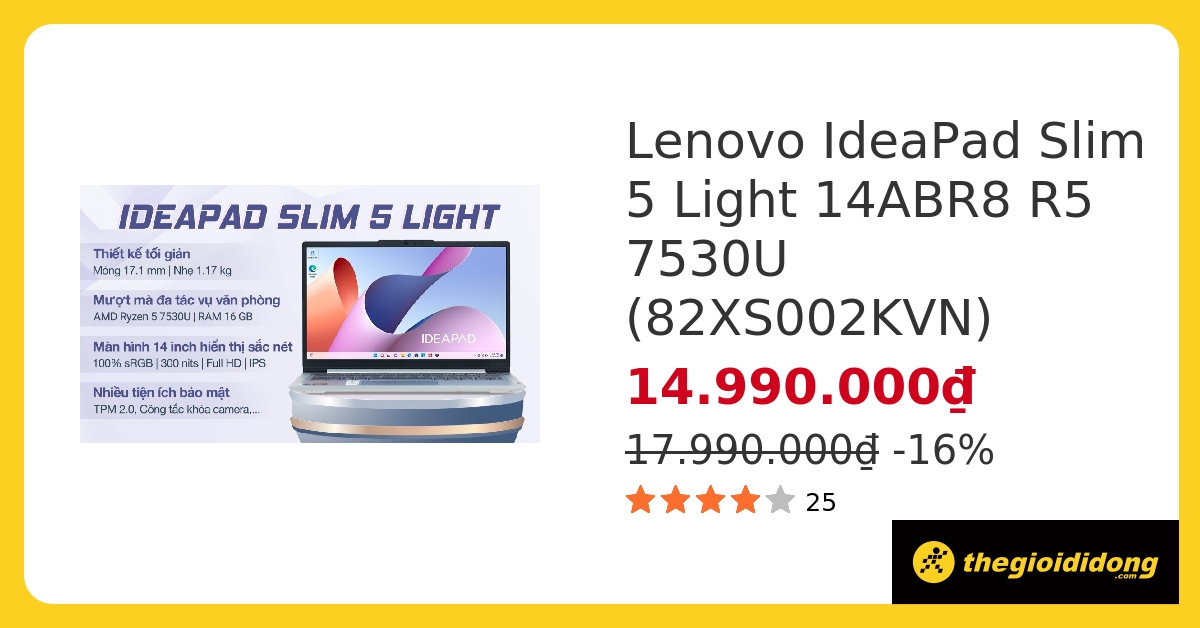 Laptop Lenovo IdeaPad Slim 5 Light 14ABR8 R5 7530U/16GB/512GB/Win11 (82XS002KVN) hover
