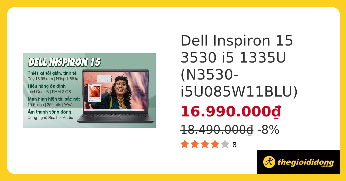 Laptop Dell Inspiron 15 3530 i5 1335U/8GB/512GB/120Hz/OfficeHS/Win11 (N3530-i5U085W11BLU) hover