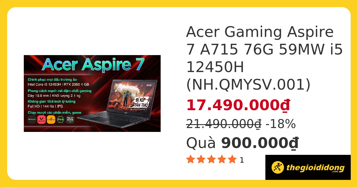 Laptop Acer Aspire 7 Gaming A715 76G 59MW i5 12450H/8GB/512GB/4GB RTX2050/144Hz/Win11 (NH.QMYSV.001) hover