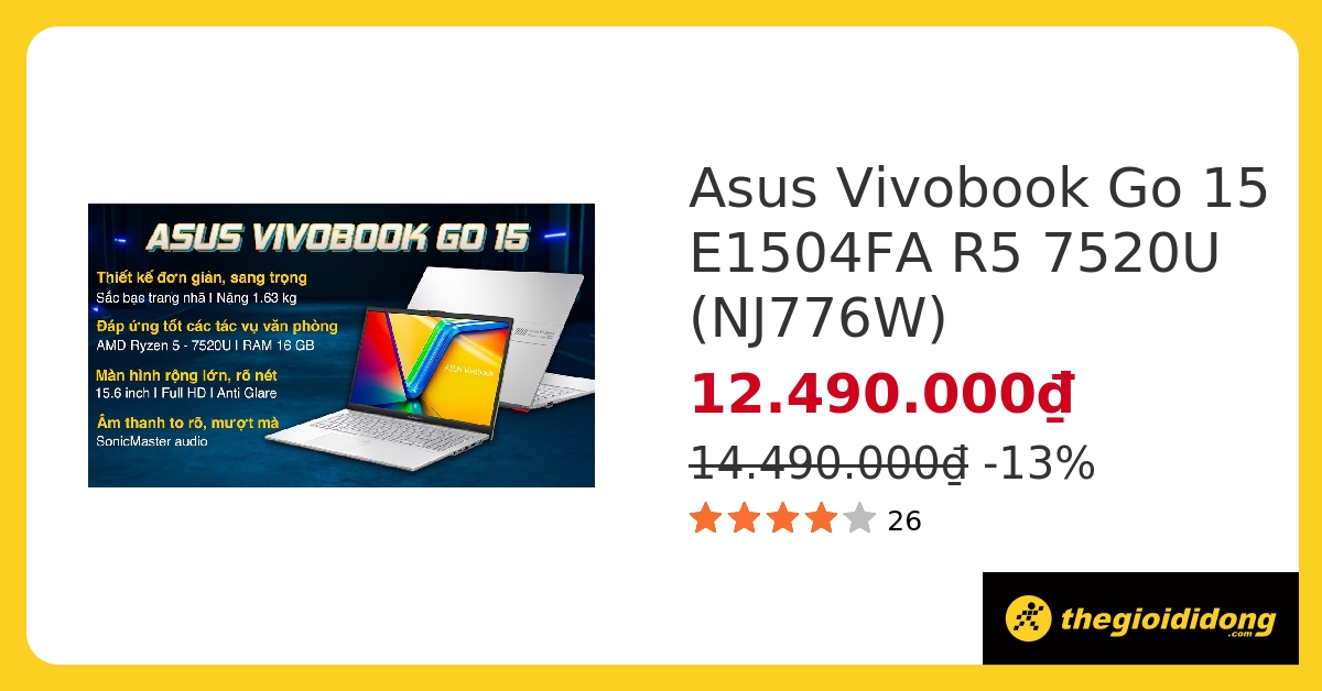 Laptop Asus Vivobook Go 15 E1504FA R5 7520U/16GB/512GB/Chuột/Win11 (NJ776W) hover