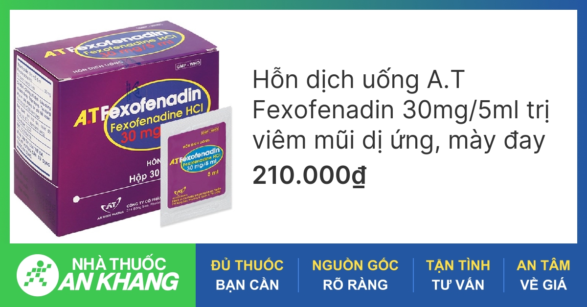 Hỗn dịch uống A.T Fexofenadin 30mg/5ml trị viêm mũi dị ứng, mày đay (30 gói x 5ml) -05/2023 | nhathuocankhang.com