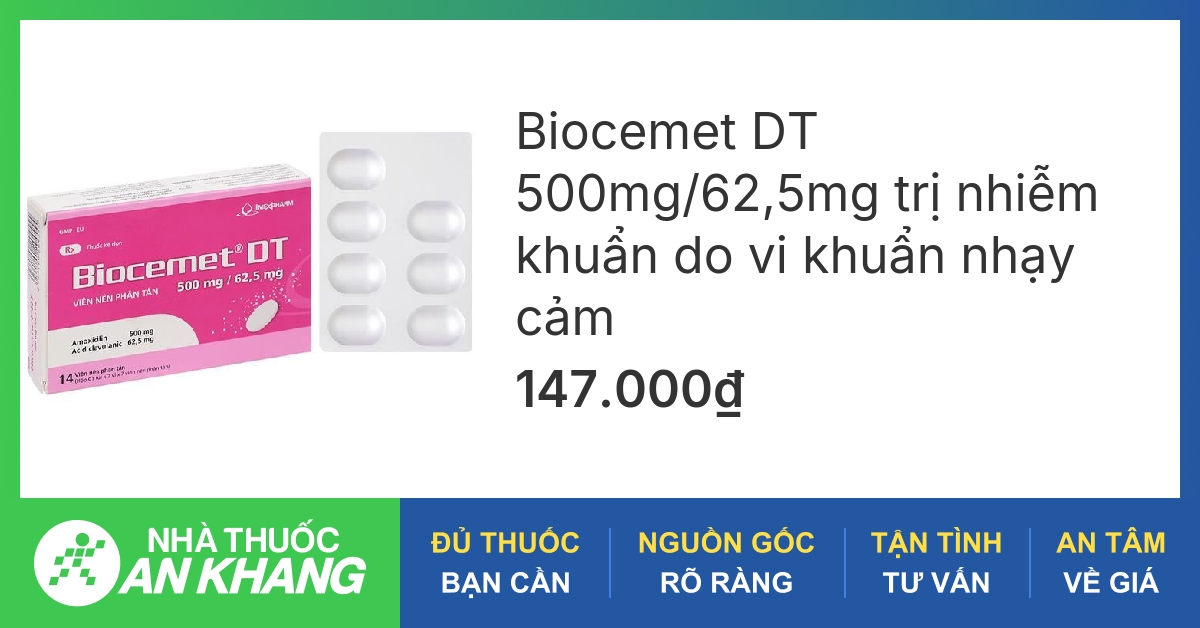 Biocemet DT 500mg/62,5mg trị nhiễm khuẩn do vi khuẩn nhạy cảm (2 vỉ x 7 ...