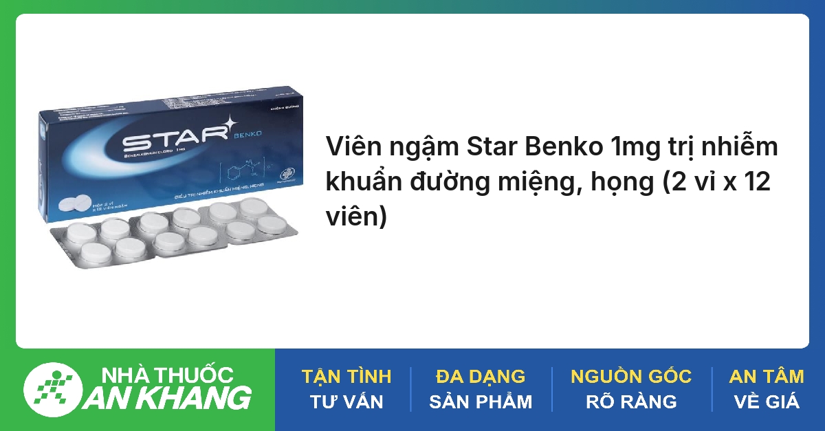 Viên ngậm Star Benko 1mg trị nhiễm khuẩn đường miệng, họng (2 vỉ x 12 viên)