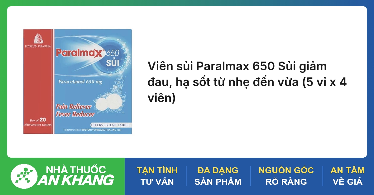 Viên sủi Paralmax 650 Sủi giảm đau, hạ sốt từ nhẹ đến vừa (5 vỉ x 4 viên)