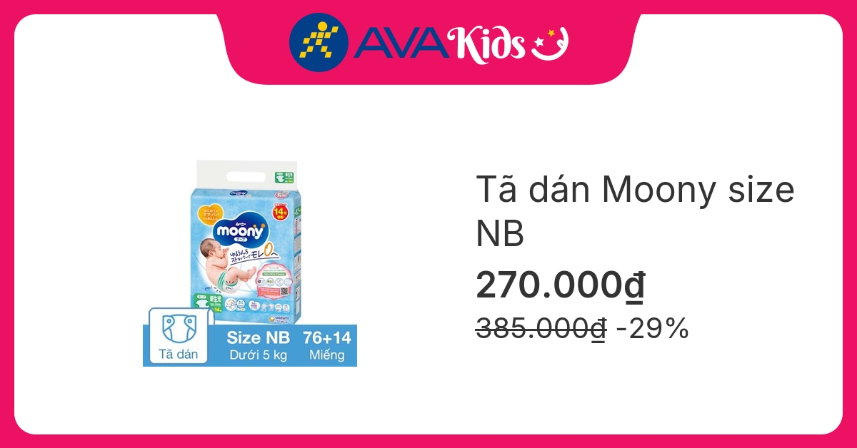 Tã dán Moony size NB 76 + 14 miếng (Dưới 5 kg)