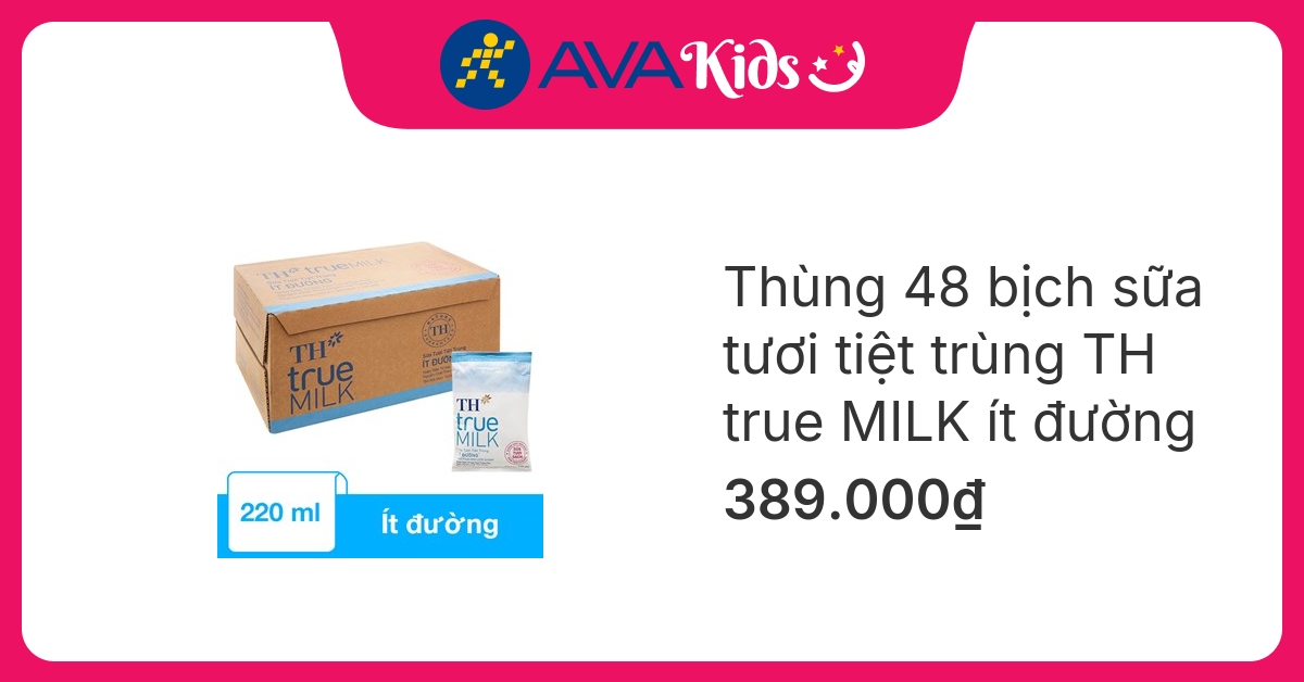 Thùng 48 bịch sữa tươi tiệt trùng TH true MILK ít đường 220 ml (từ 1 tuổi)