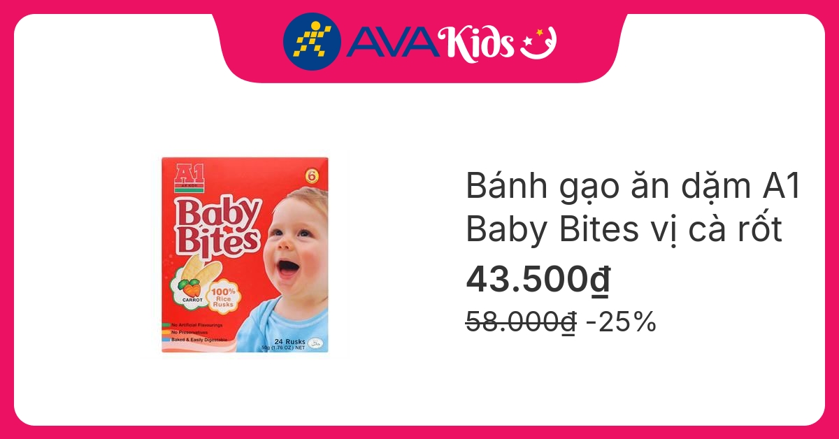 Bánh gạo ăn dặm A1 Baby Bites vị cà rốt hộp 50g (từ 6 tháng) hover