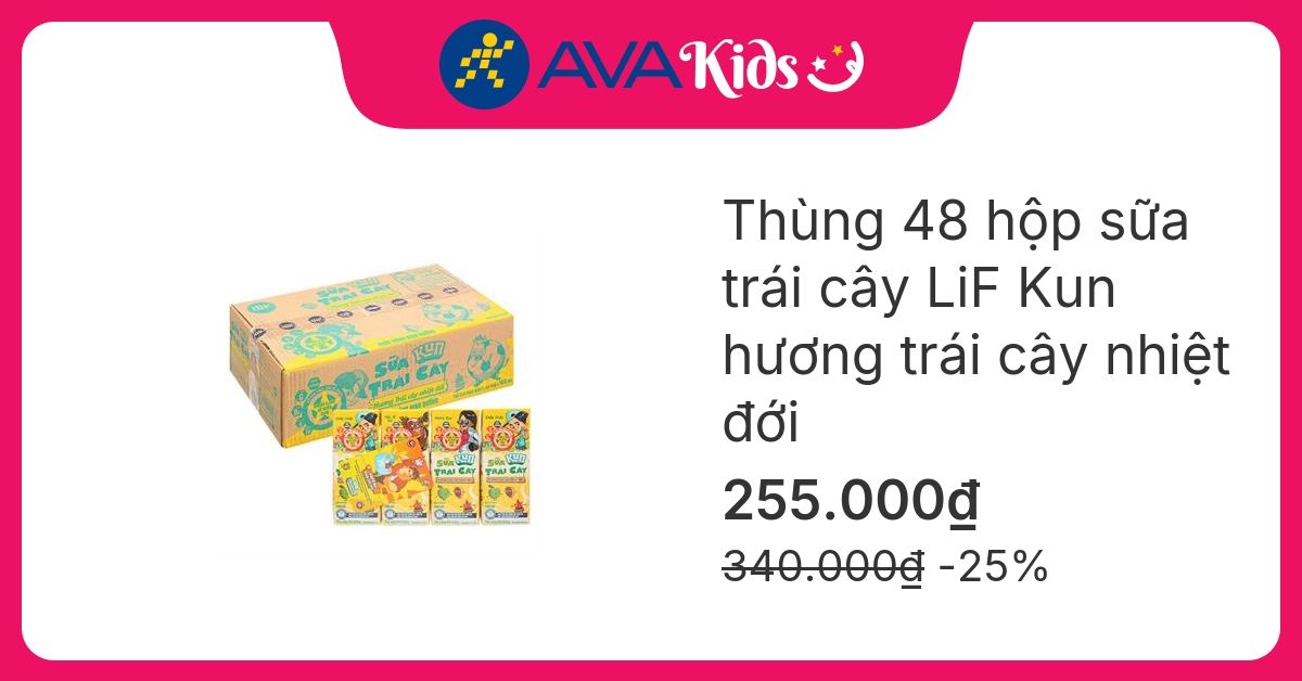 Thùng 48 hộp sữa trái cây LiF Kun hương trái cây nhiệt đới 180 ml (từ 2 tuổi)