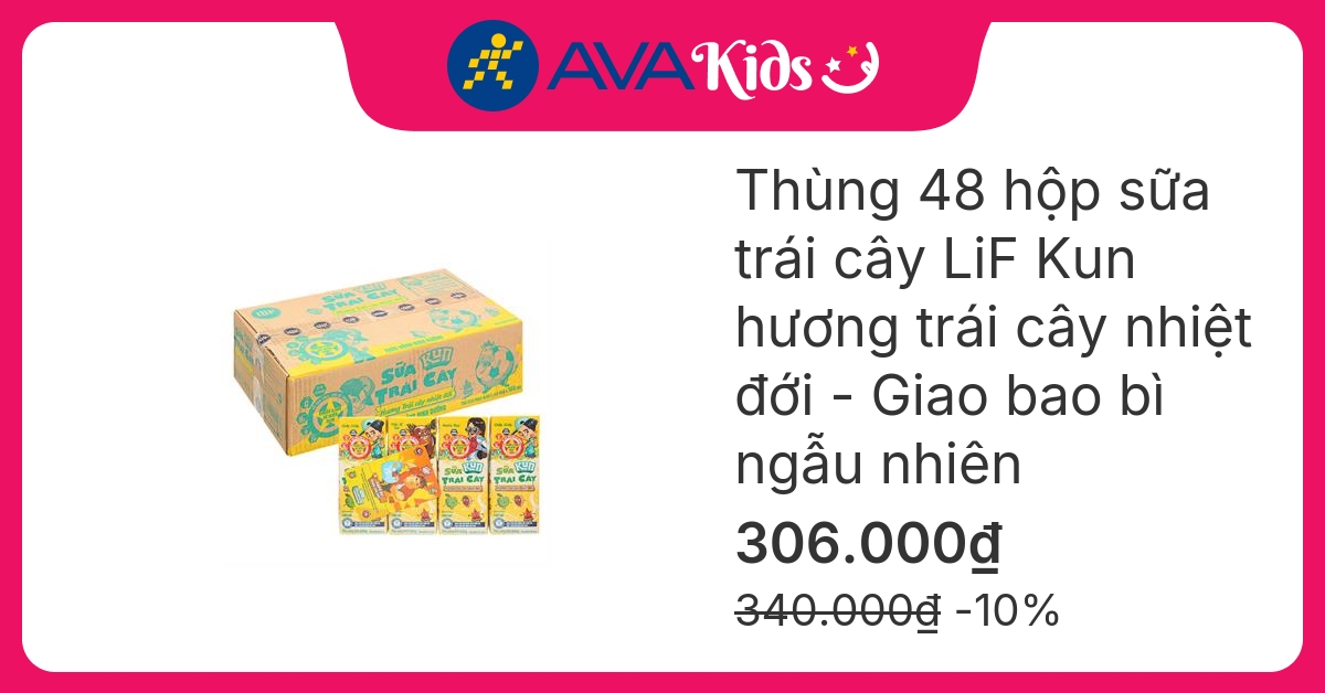 Thùng 48 hộp sữa trái cây LiF Kun hương trái cây nhiệt đới 180 ml (từ 2 tuổi) - Giao bao bì ngẫu nhiên