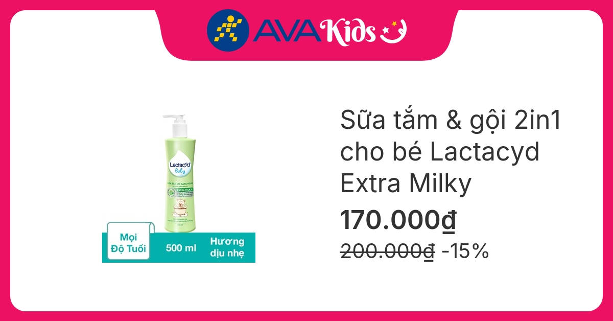 Sữa tắm & gội 2in1 cho bé Lactacyd Extra Milky hương dịu nhẹ 500 ml (mọi độ tuổi)