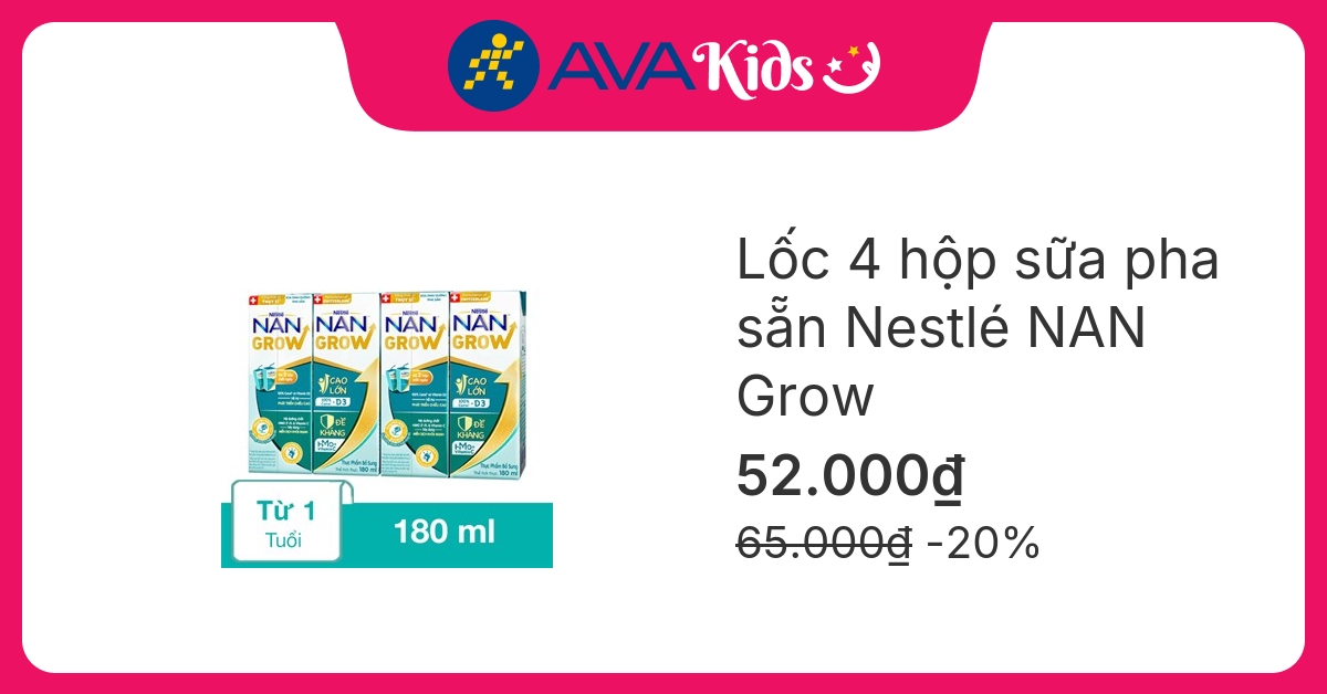 Lốc 4 hộp sữa pha sẵn Nestlé Nan Grow 180 ml (từ 1 tuổi) hover